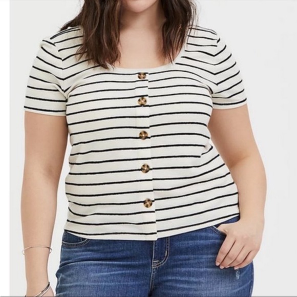 NWT Torrid Ivory & Black Stripe Rib Button Midi Tee Short Sleeve Preppy Size 2X - Picture 3 of 11